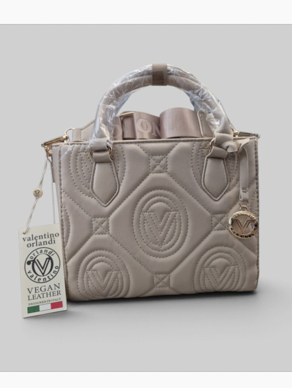 Valentino Orlandi Quilted Small Tote and Crossbody Bag in Light Taupe, style V-2